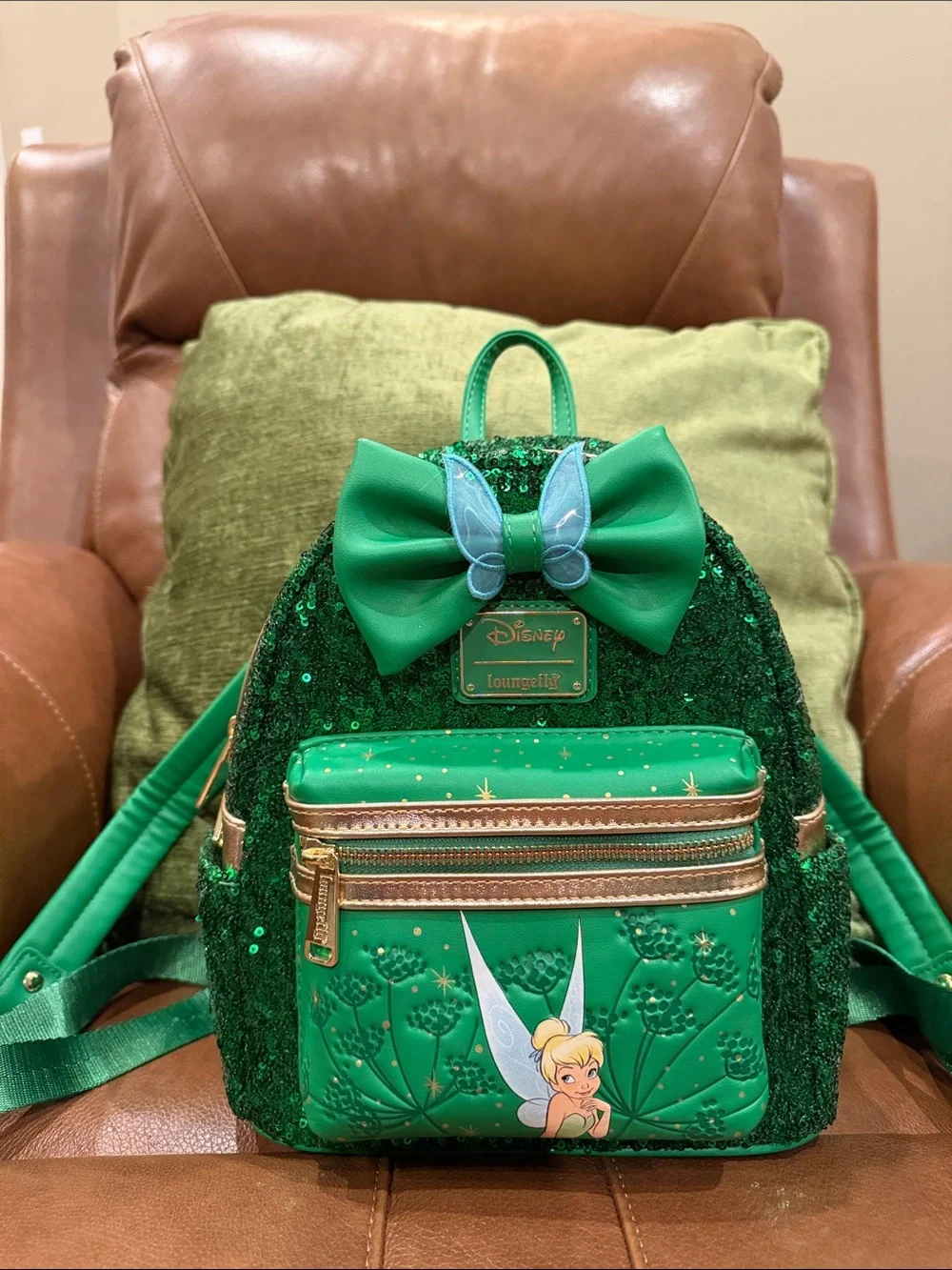 Loungefly Green Sequin Tinker Bell Mini Backpack and Peter Pan Wallet